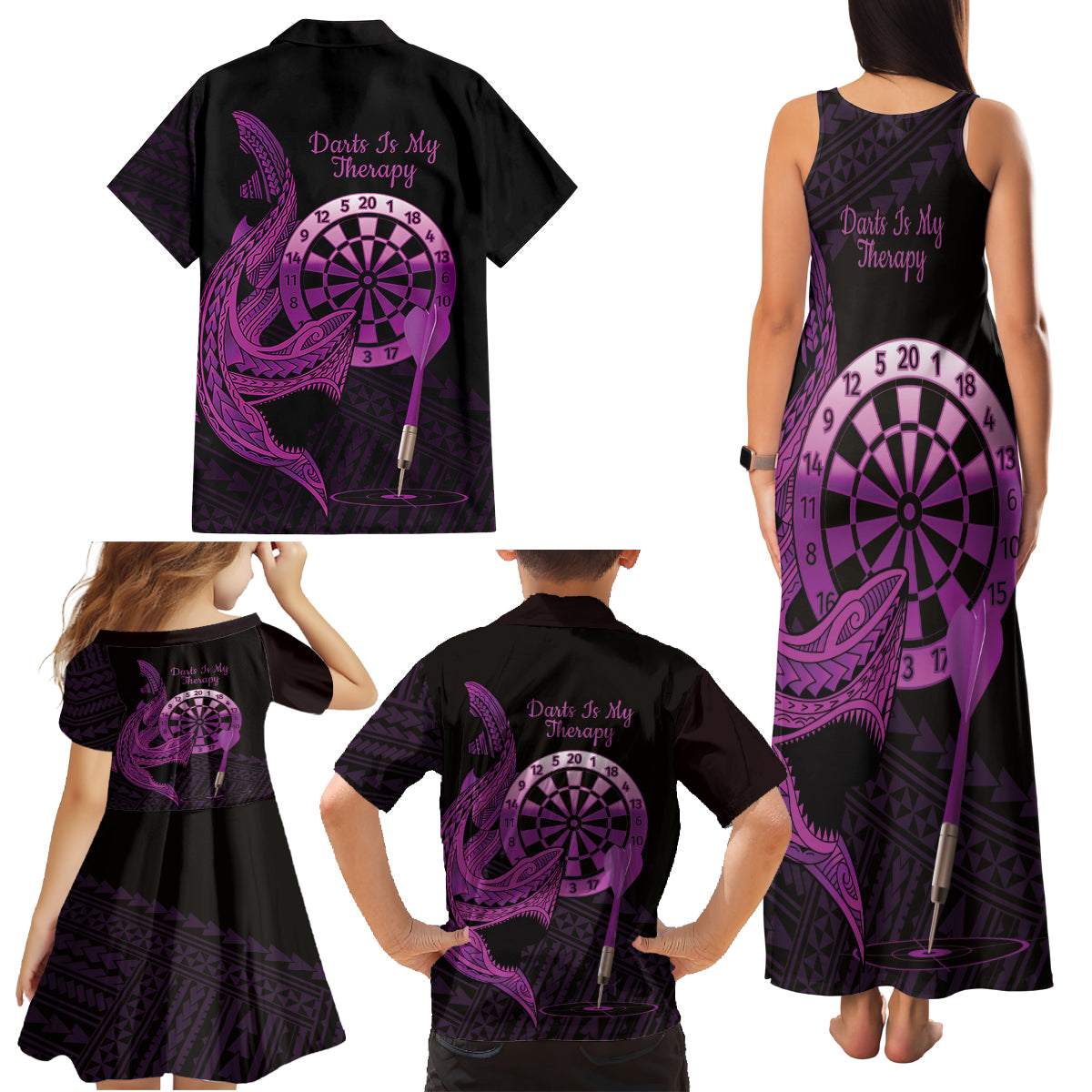 Aloha Hawaii Darts Family Matching Tank Maxi Dress and Hawaiian Shirt Dart Board With Polynesian Shark - Purple