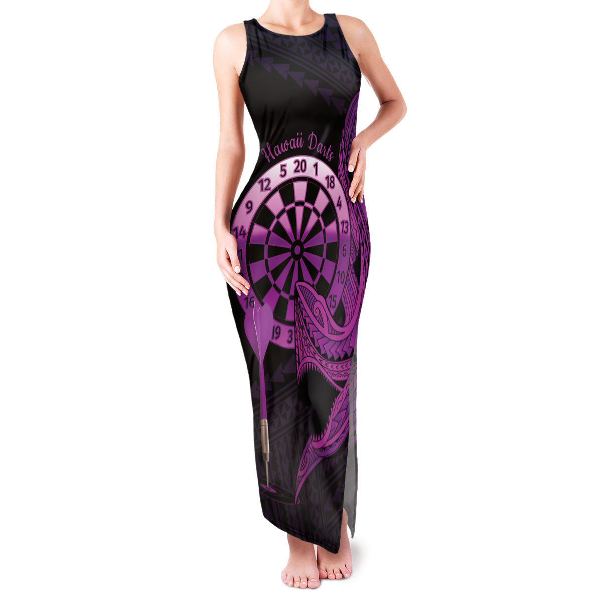 Aloha Hawaii Darts Family Matching Tank Maxi Dress and Hawaiian Shirt Dart Board With Polynesian Shark - Purple