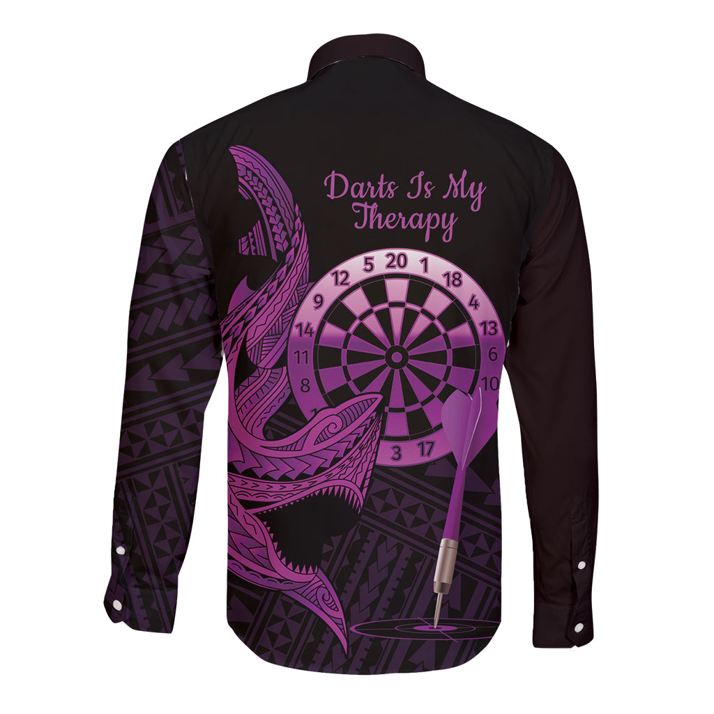 Aloha Hawaii Darts Long Sleeve Button Shirt Dart Board With Polynesian Shark - Purple