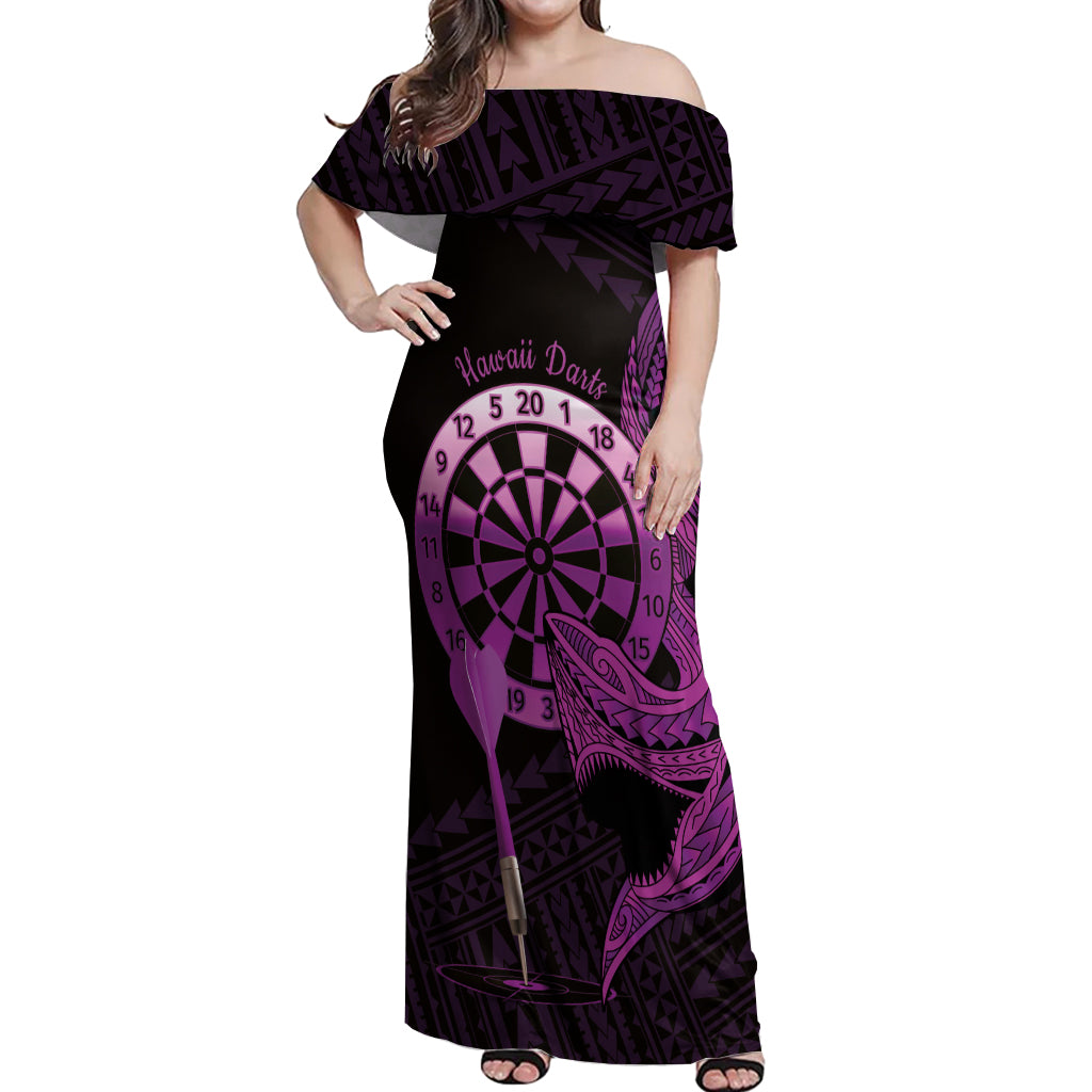 Aloha Hawaii Darts Off Shoulder Maxi Dress Dart Board With Polynesian Shark - Purple