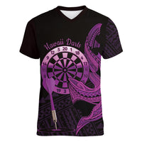 Aloha Hawaii Darts Women V-Neck T-Shirt Dart Board With Polynesian Shark - Purple