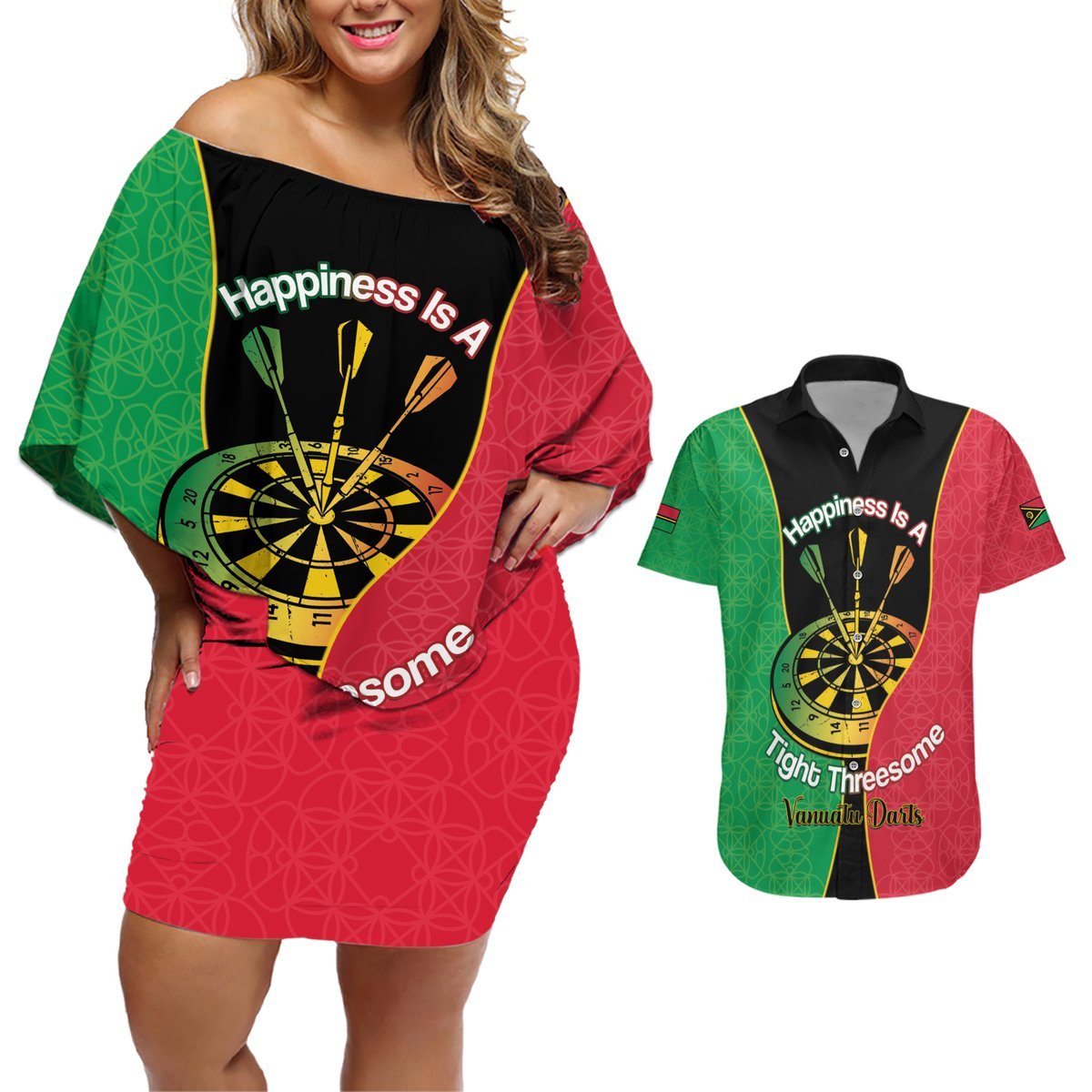 Personalised Vanuatu Darts Couples Matching Off Shoulder Short Dress and Hawaiian Shirt Happiness Is A Tight Threesome Sand Drawing Art LT14 Red - Polynesian Pride