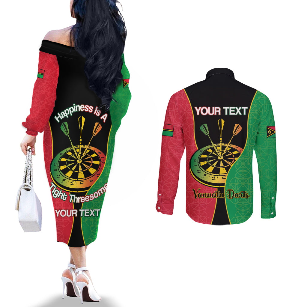 Personalised Vanuatu Darts Couples Matching Off The Shoulder Long Sleeve Dress and Long Sleeve Button Shirt Happiness Is A Tight Threesome Sand Drawing Art