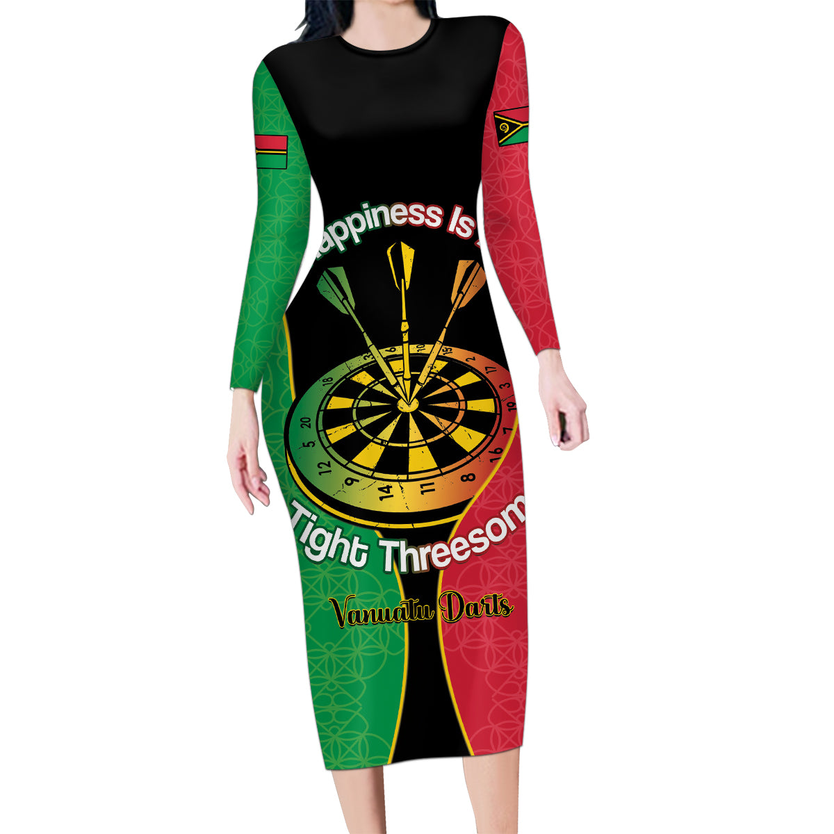 Personalised Vanuatu Darts Family Matching Long Sleeve Bodycon Dress and Hawaiian Shirt Happiness Is A Tight Threesome Sand Drawing Art LT14 Mom's Dress Red - Polynesian Pride
