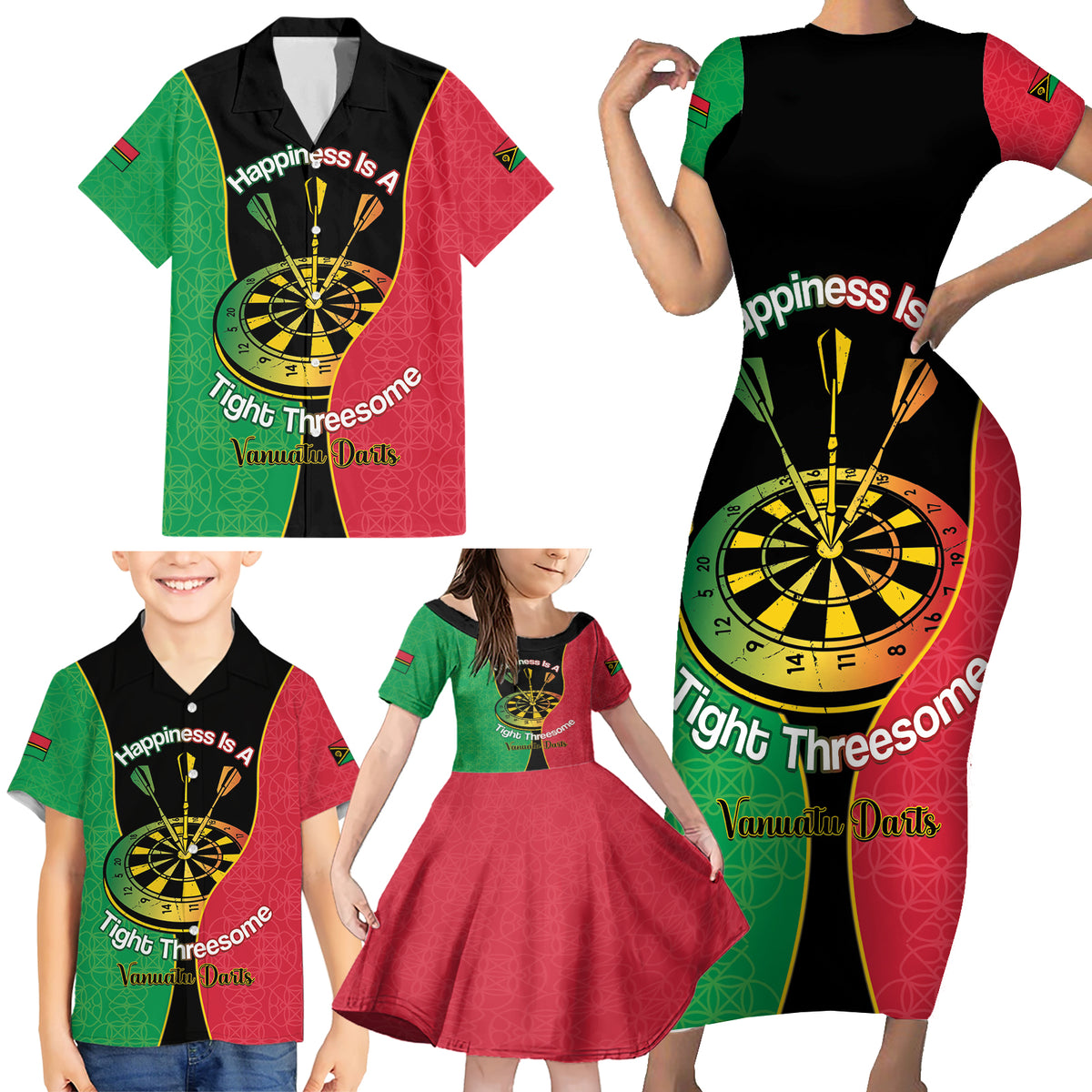 Personalised Vanuatu Darts Family Matching Short Sleeve Bodycon Dress and Hawaiian Shirt Happiness Is A Tight Threesome Sand Drawing Art LT14 - Polynesian Pride