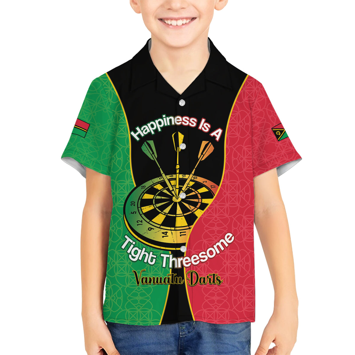 Personalised Vanuatu Darts Family Matching Summer Maxi Dress and Hawaiian Shirt Happiness Is A Tight Threesome Sand Drawing Art LT14 Son's Shirt Red - Polynesian Pride