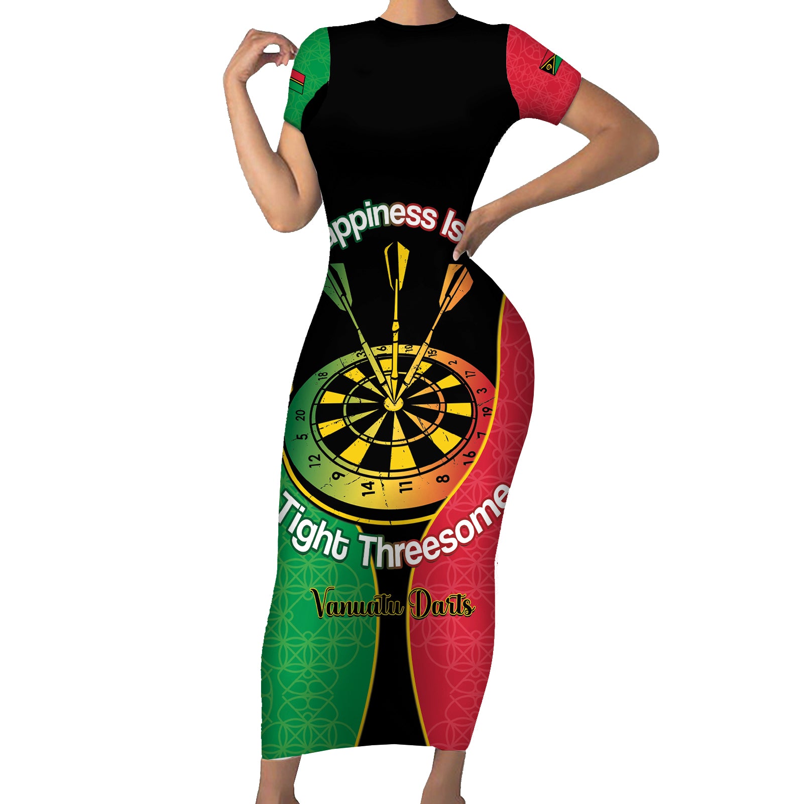 Personalised Vanuatu Darts Short Sleeve Bodycon Dress Happiness Is A Tight Threesome Sand Drawing Art