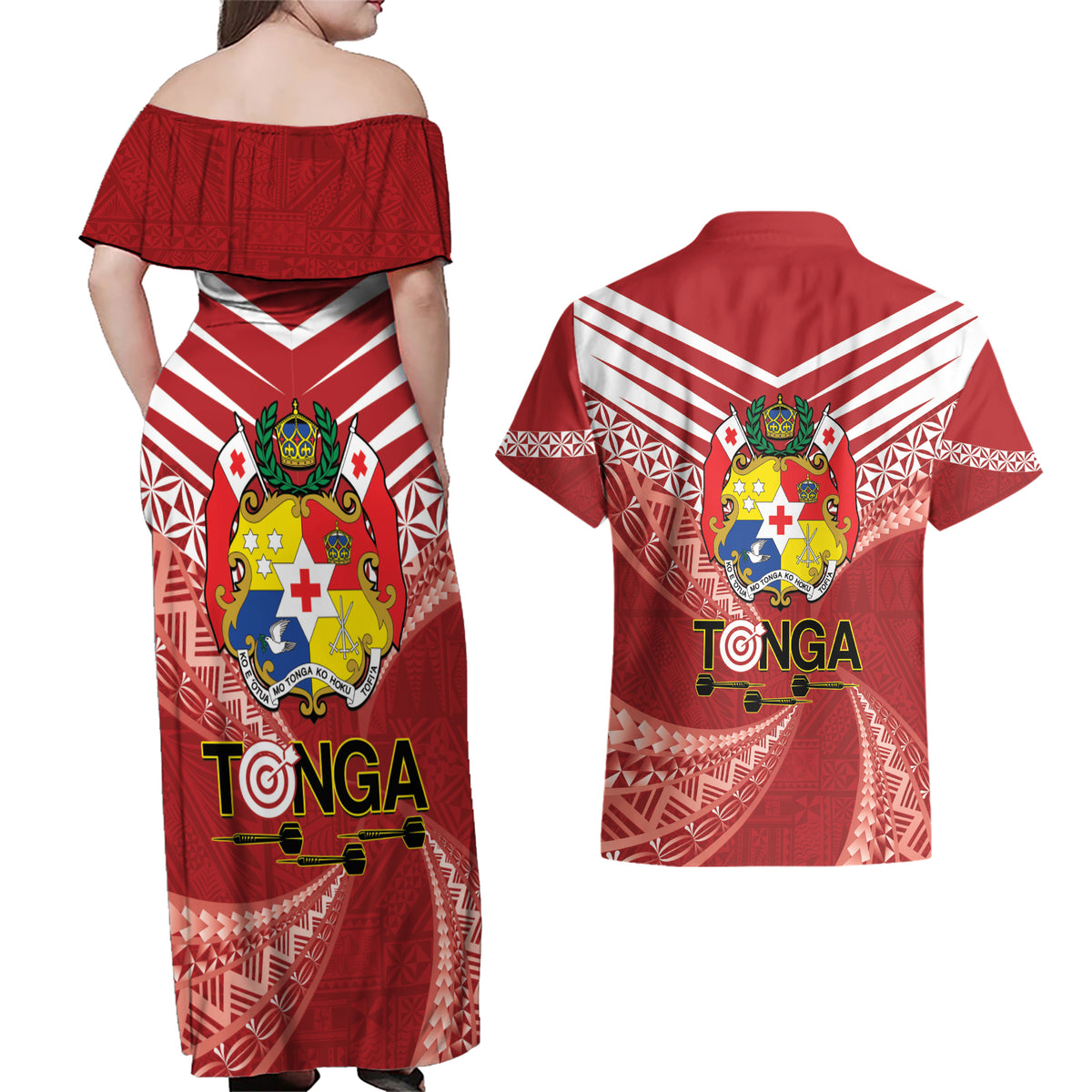Tonga Darts Couples Matching Off Shoulder Maxi Dress and Hawaiian Shirt Tongan Ngatu Pattern