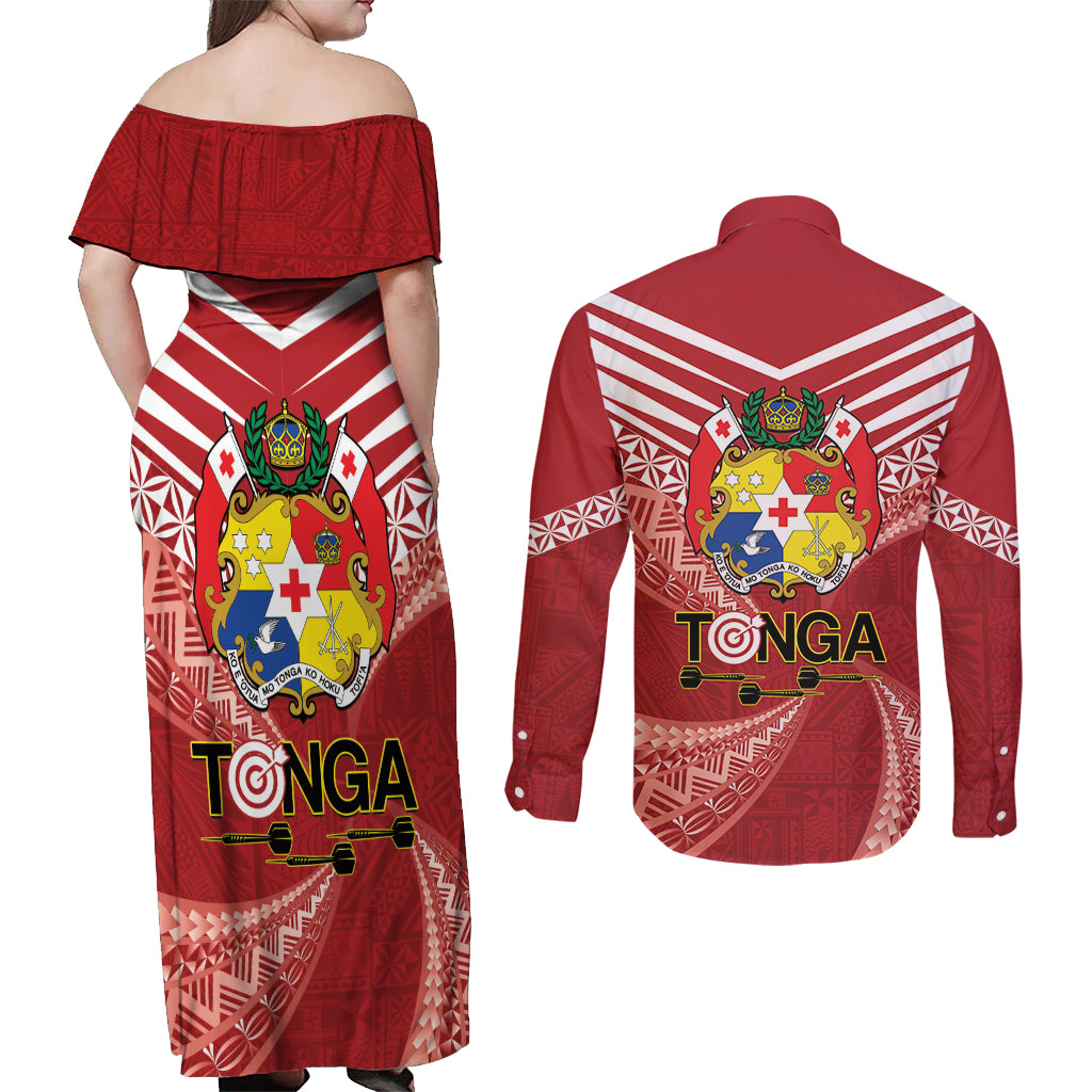 Tonga Darts Couples Matching Off Shoulder Maxi Dress and Long Sleeve Button Shirt Tongan Ngatu Pattern