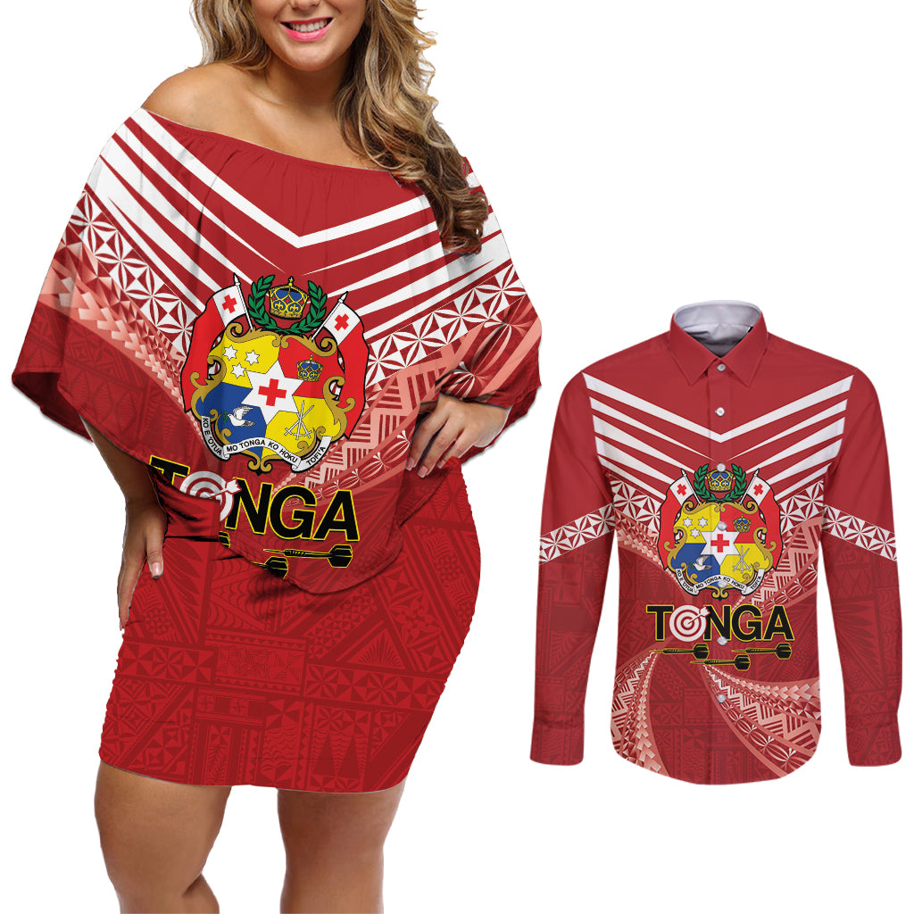 Tonga Darts Couples Matching Off Shoulder Short Dress and Long Sleeve Button Shirt Tongan Ngatu Pattern