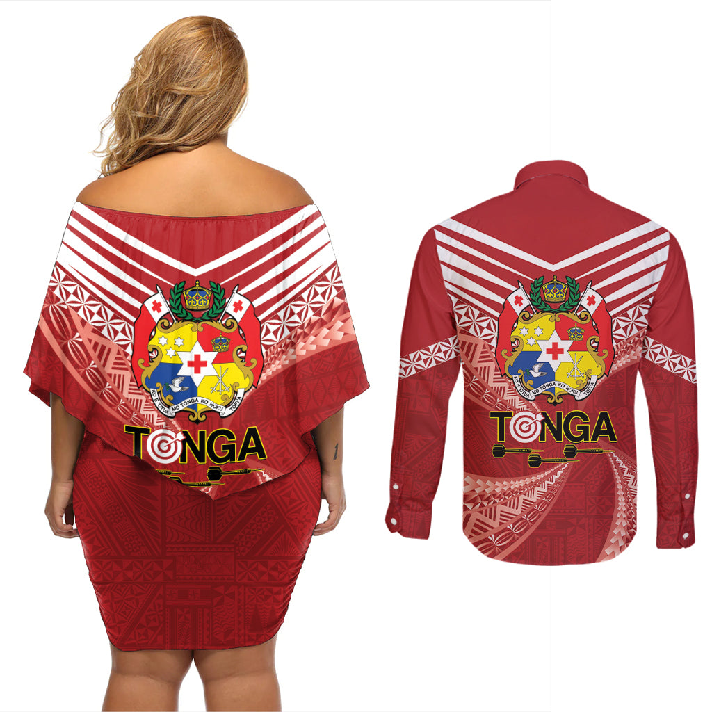 Tonga Darts Couples Matching Off Shoulder Short Dress and Long Sleeve Button Shirt Tongan Ngatu Pattern