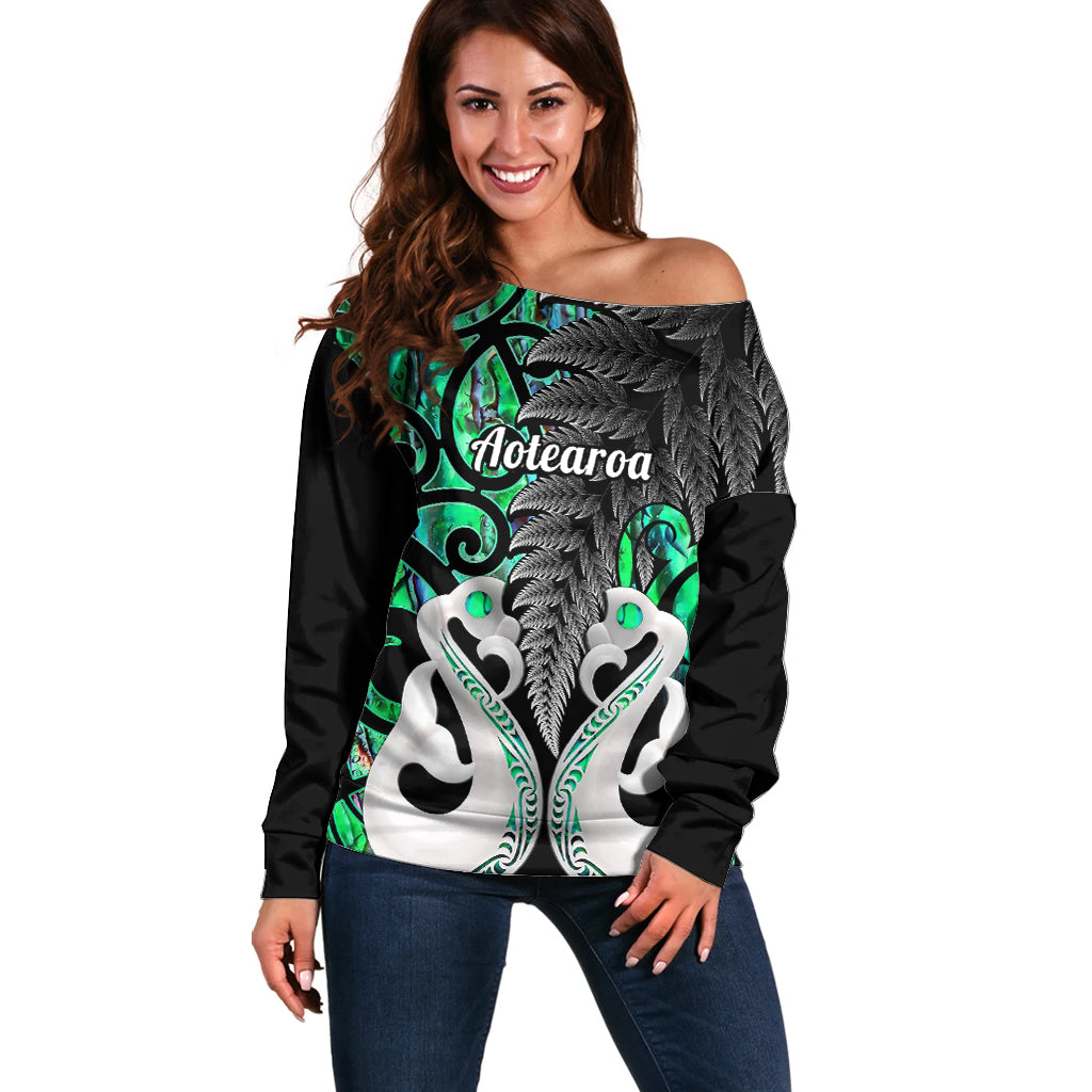 Personalised New Zealand Off Shoulder Sweater Te Manaia Mangopare Maori And Fern Green Style LT14 Women Green - Polynesian Pride
