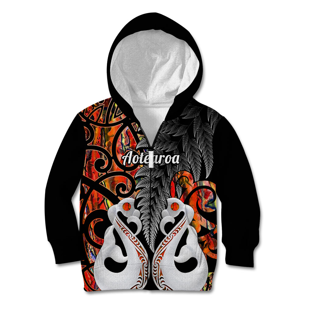 Personalised New Zealand Kid Hoodie Te Manaia Mangopare Maori And Fern Orange Style LT14 Zip Hoodie Orange - Polynesian Pride