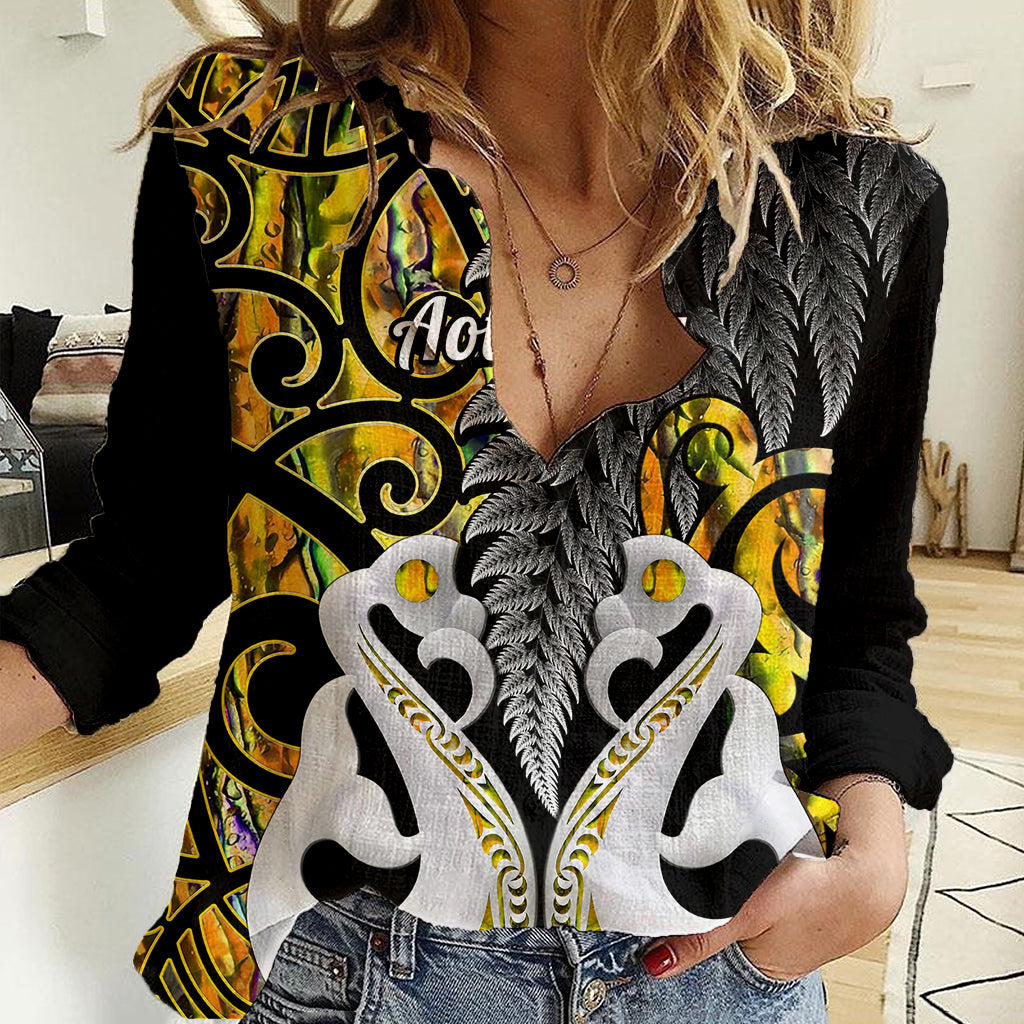 Personalised New Zealand Women Casual Shirt Te Manaia Mangopare Maori And Fern Gold Style LT14 Female Gold - Polynesian Pride