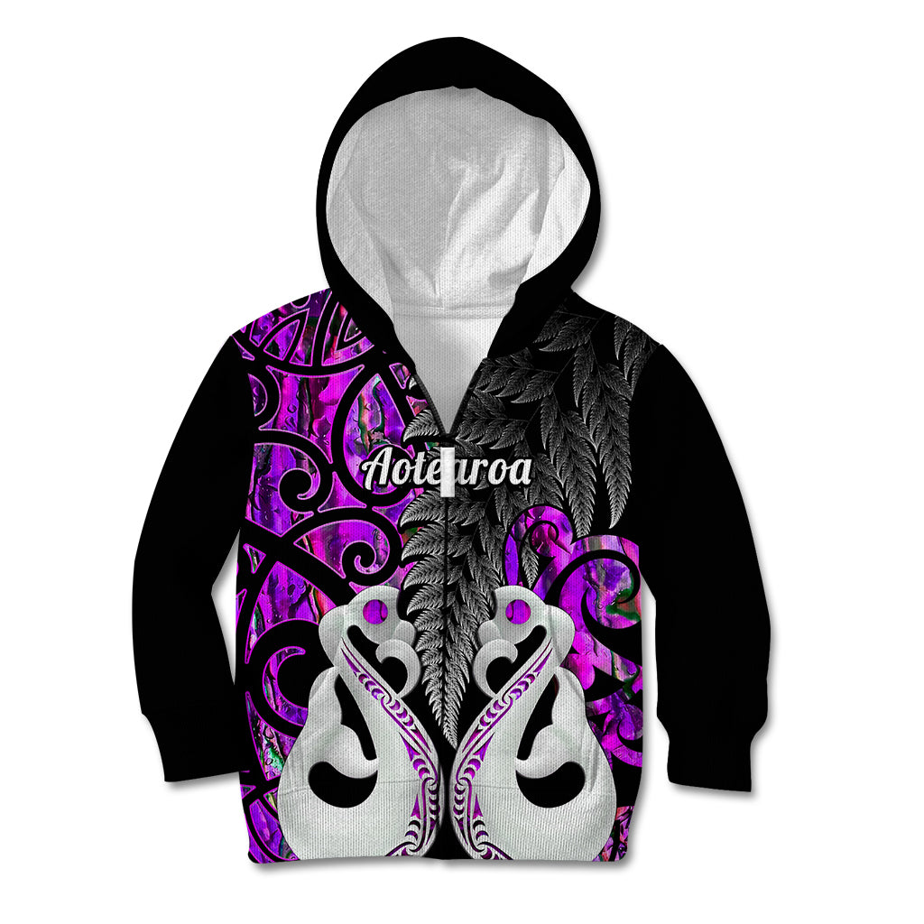 Personalised New Zealand Kid Hoodie Te Manaia Mangopare Maori And Fern Purple Style LT14 Zip Hoodie Purple - Polynesian Pride