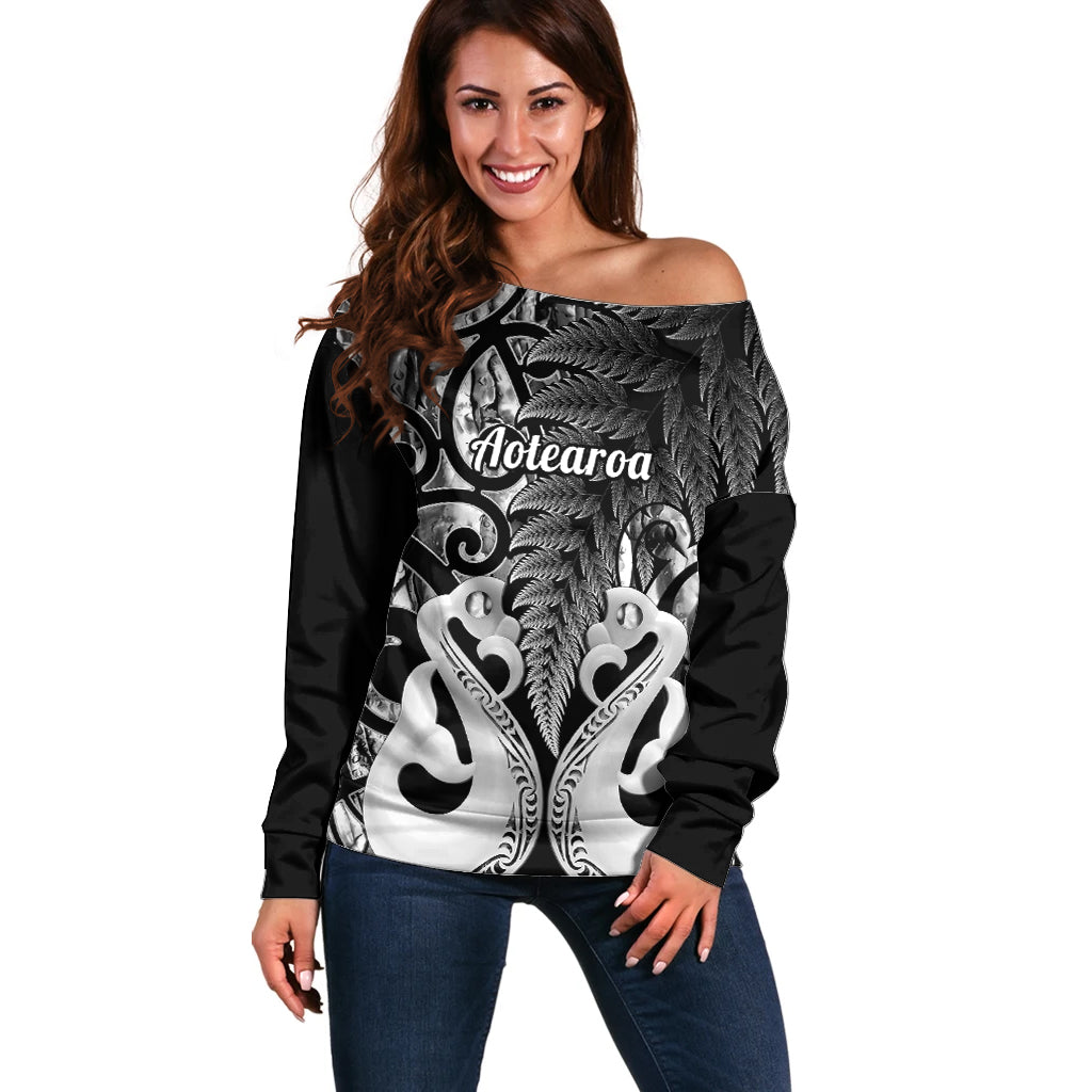 Personalised New Zealand Off Shoulder Sweater Te Manaia Mangopare Maori And Fern Black Style LT14 Women Black - Polynesian Pride