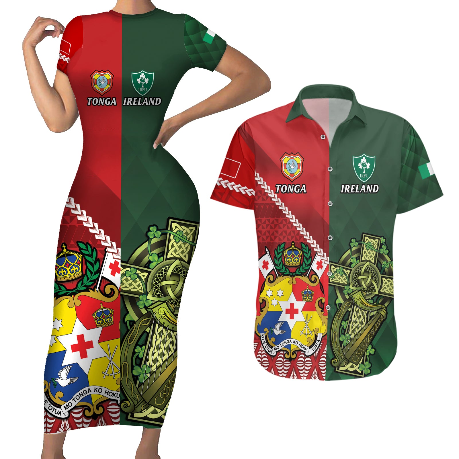 Custom Samoa And Ireland Rugby Couples Matching Short Sleeve Bodycon Dress and Hawaiian Shirt Ikale Tahi With Shamrocks