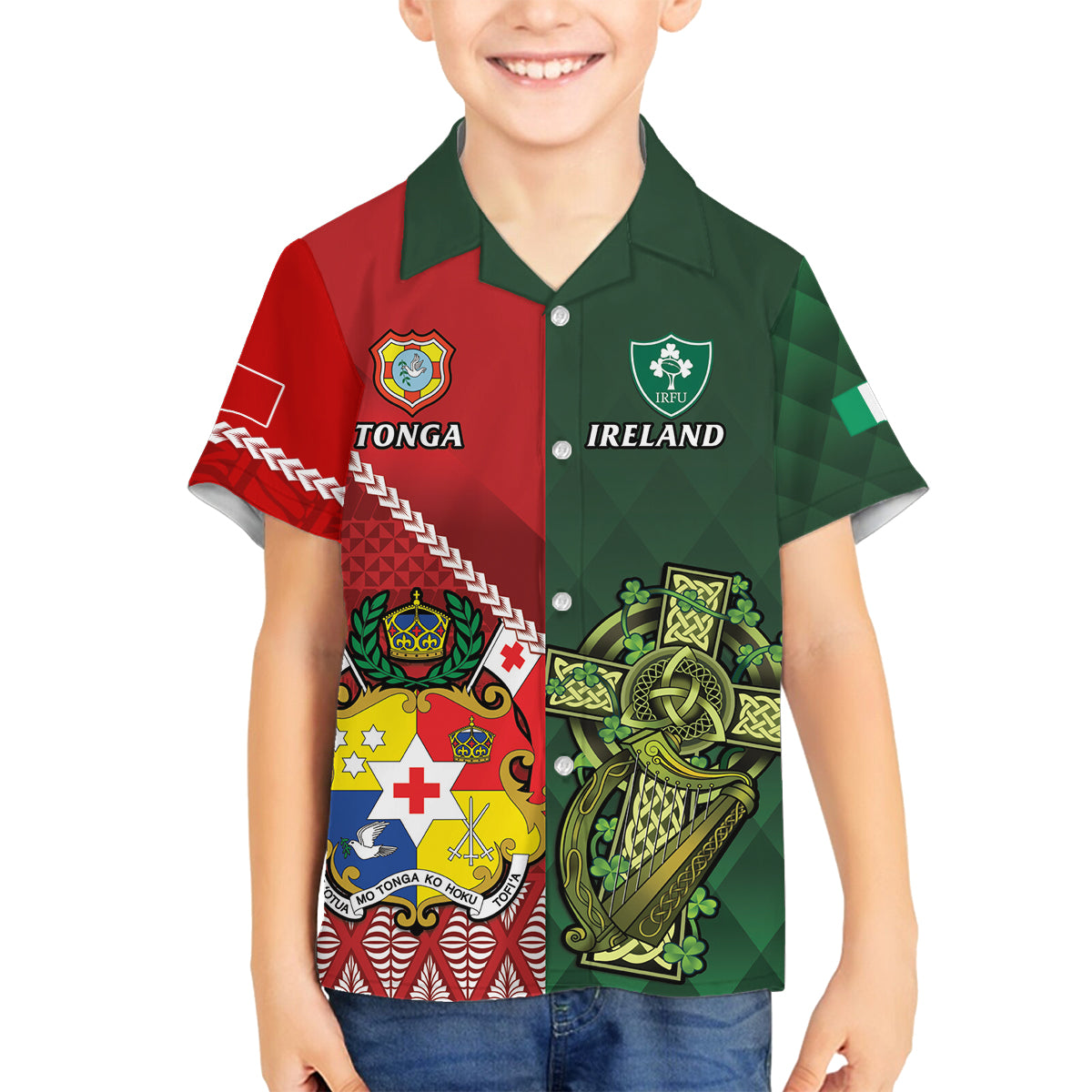 Custom Tonga And Ireland Rugby Family Matching Long Sleeve Bodycon Dress and Hawaiian Shirt Ikale Tahi With Shamrocks LT14 Son's Shirt Red - Polynesian Pride