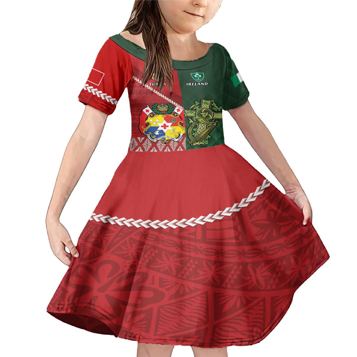 Custom Tonga And Ireland Rugby Family Matching Mermaid Dress and Hawaiian Shirt Ikale Tahi With Shamrocks LT14 Daughter's Dress Red - Polynesian Pride