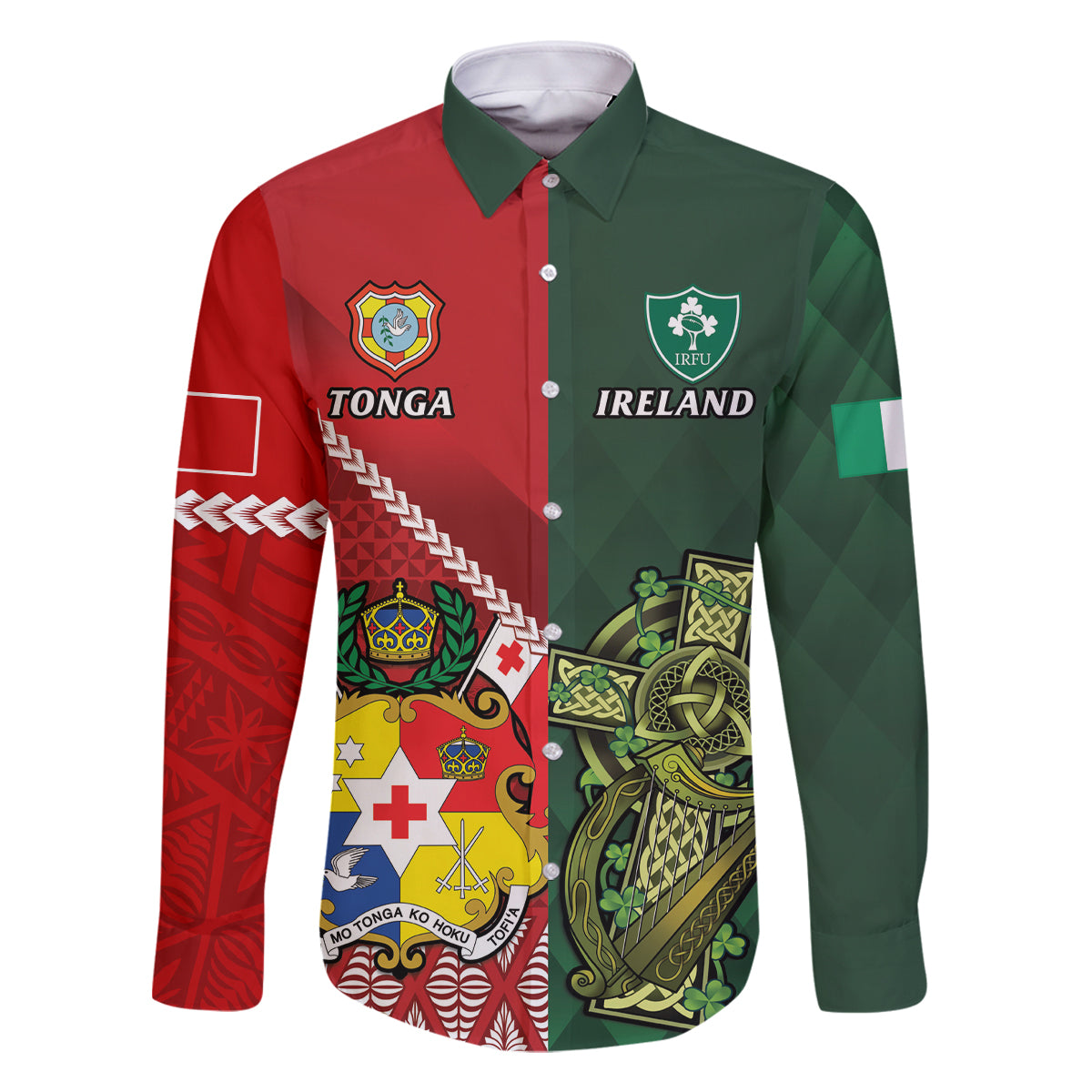 Custom Tonga And Ireland Rugby Family Matching Mermaid Dress and Hawaiian Shirt Ikale Tahi With Shamrocks LT14 Dad's Shirt - Long Sleeve Red - Polynesian Pride