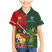 Custom Tonga And Ireland Rugby Family Matching Mermaid Dress and Hawaiian Shirt Ikale Tahi With Shamrocks LT14 Son's Shirt Red - Polynesian Pride