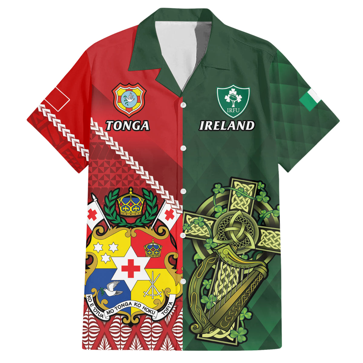 Custom Tonga And Ireland Rugby Family Matching Short Sleeve Bodycon Dress and Hawaiian Shirt Ikale Tahi With Shamrocks LT14 Dad's Shirt - Short Sleeve Red - Polynesian Pride