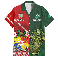 Custom Tonga And Ireland Rugby Family Matching Short Sleeve Bodycon Dress and Hawaiian Shirt Ikale Tahi With Shamrocks LT14 Dad's Shirt - Short Sleeve Red - Polynesian Pride