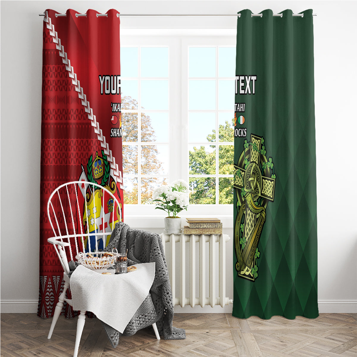 Custom Samoa And Ireland Rugby Window Curtain Ikale Tahi With Shamrocks