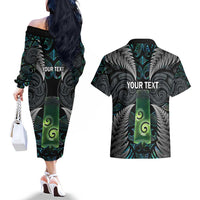 Personalised New Zealand Toki Couples Matching Off The Shoulder Long Sleeve Dress and Hawaiian Shirt Silver Fern Mix Aotearoa Maori Pattern