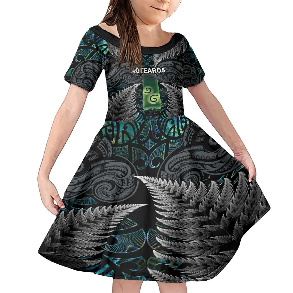 Personalised New Zealand Toki Family Matching Long Sleeve Bodycon Dress and Hawaiian Shirt Silver Fern Mix Aotearoa Maori Pattern LT14 Daughter's Dress Black - Polynesian Pride