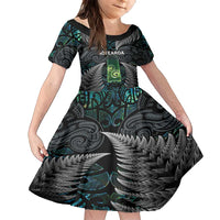 Personalised New Zealand Toki Family Matching Long Sleeve Bodycon Dress and Hawaiian Shirt Silver Fern Mix Aotearoa Maori Pattern LT14 Daughter's Dress Black - Polynesian Pride
