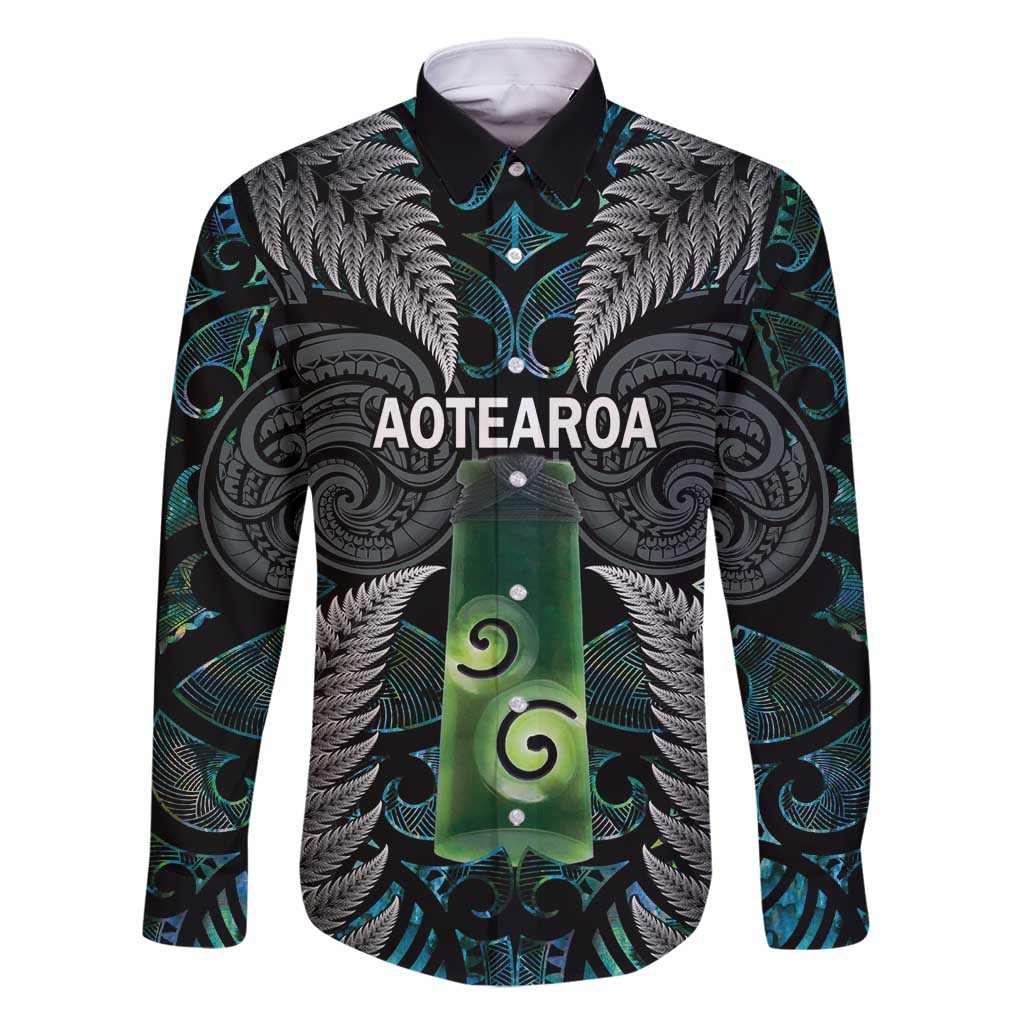 Personalised New Zealand Toki Family Matching Long Sleeve Bodycon Dress and Hawaiian Shirt Silver Fern Mix Aotearoa Maori Pattern LT14 Dad's Shirt - Long Sleeve Black - Polynesian Pride