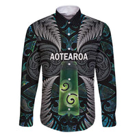 Personalised New Zealand Toki Family Matching Long Sleeve Bodycon Dress and Hawaiian Shirt Silver Fern Mix Aotearoa Maori Pattern LT14 Dad's Shirt - Long Sleeve Black - Polynesian Pride