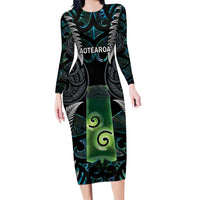 Personalised New Zealand Toki Family Matching Long Sleeve Bodycon Dress and Hawaiian Shirt Silver Fern Mix Aotearoa Maori Pattern LT14 Mom's Dress Black - Polynesian Pride