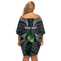 Personalised New Zealand Toki Family Matching Off Shoulder Short Dress and Hawaiian Shirt Silver Fern Mix Aotearoa Maori Pattern