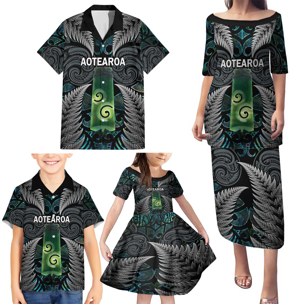 Personalised New Zealand Toki Family Matching Puletasi and Hawaiian Shirt Silver Fern Mix Aotearoa Maori Pattern LT14 - Polynesian Pride