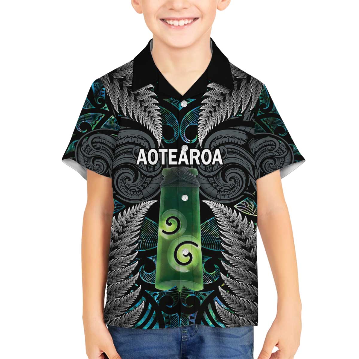Personalised New Zealand Toki Family Matching Puletasi and Hawaiian Shirt Silver Fern Mix Aotearoa Maori Pattern LT14 Son's Shirt Black - Polynesian Pride