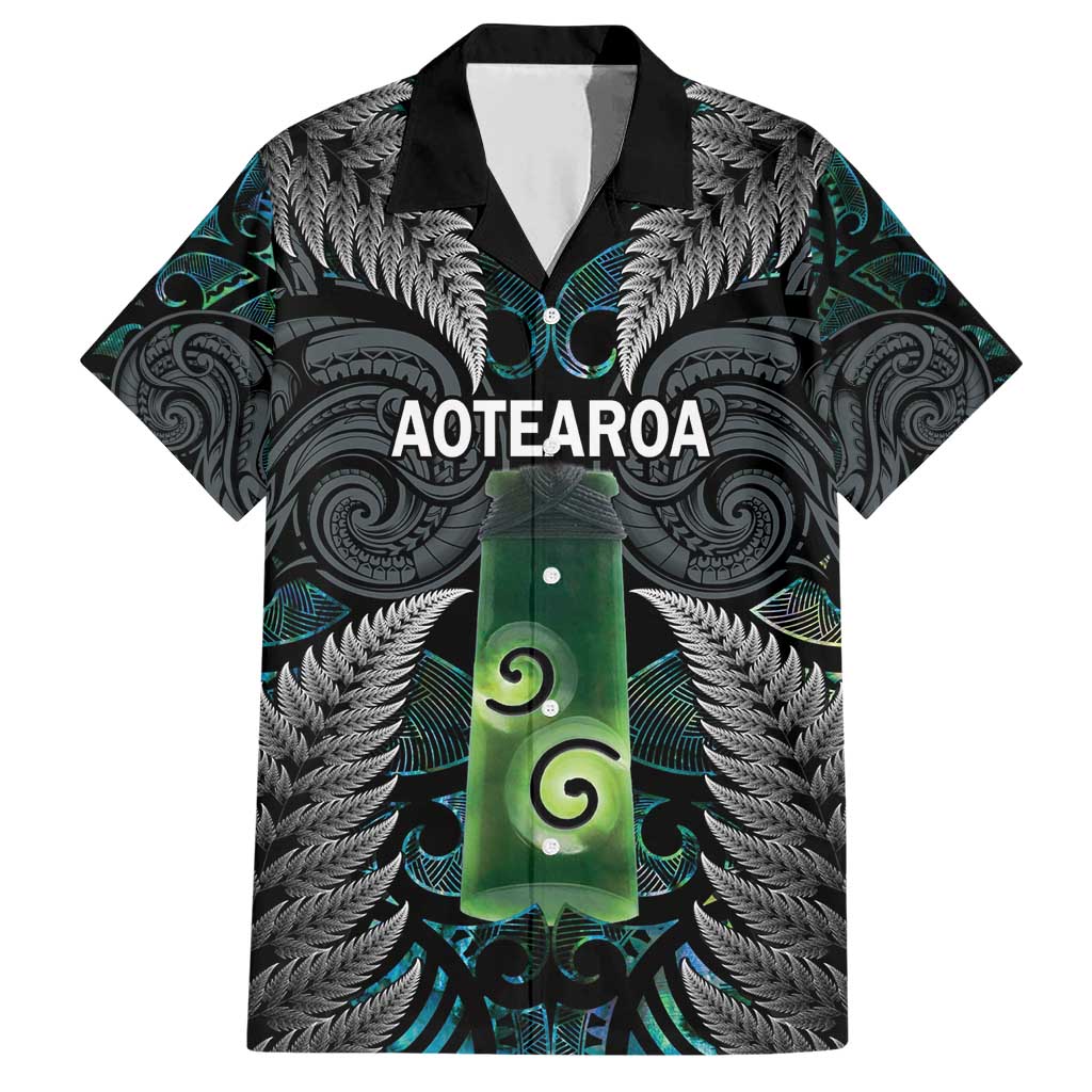 Personalised New Zealand Toki Family Matching Short Sleeve Bodycon Dress and Hawaiian Shirt Silver Fern Mix Aotearoa Maori Pattern LT14 Dad's Shirt - Short Sleeve Black - Polynesian Pride