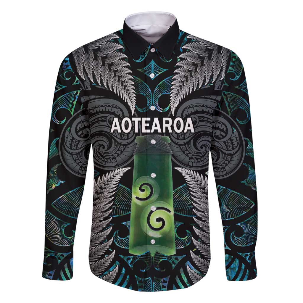 Personalised New Zealand Toki Family Matching Short Sleeve Bodycon Dress and Hawaiian Shirt Silver Fern Mix Aotearoa Maori Pattern LT14 Dad's Shirt - Long Sleeve Black - Polynesian Pride