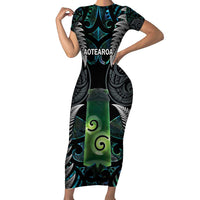 Personalised New Zealand Toki Family Matching Short Sleeve Bodycon Dress and Hawaiian Shirt Silver Fern Mix Aotearoa Maori Pattern LT14 Mom's Dress Black - Polynesian Pride
