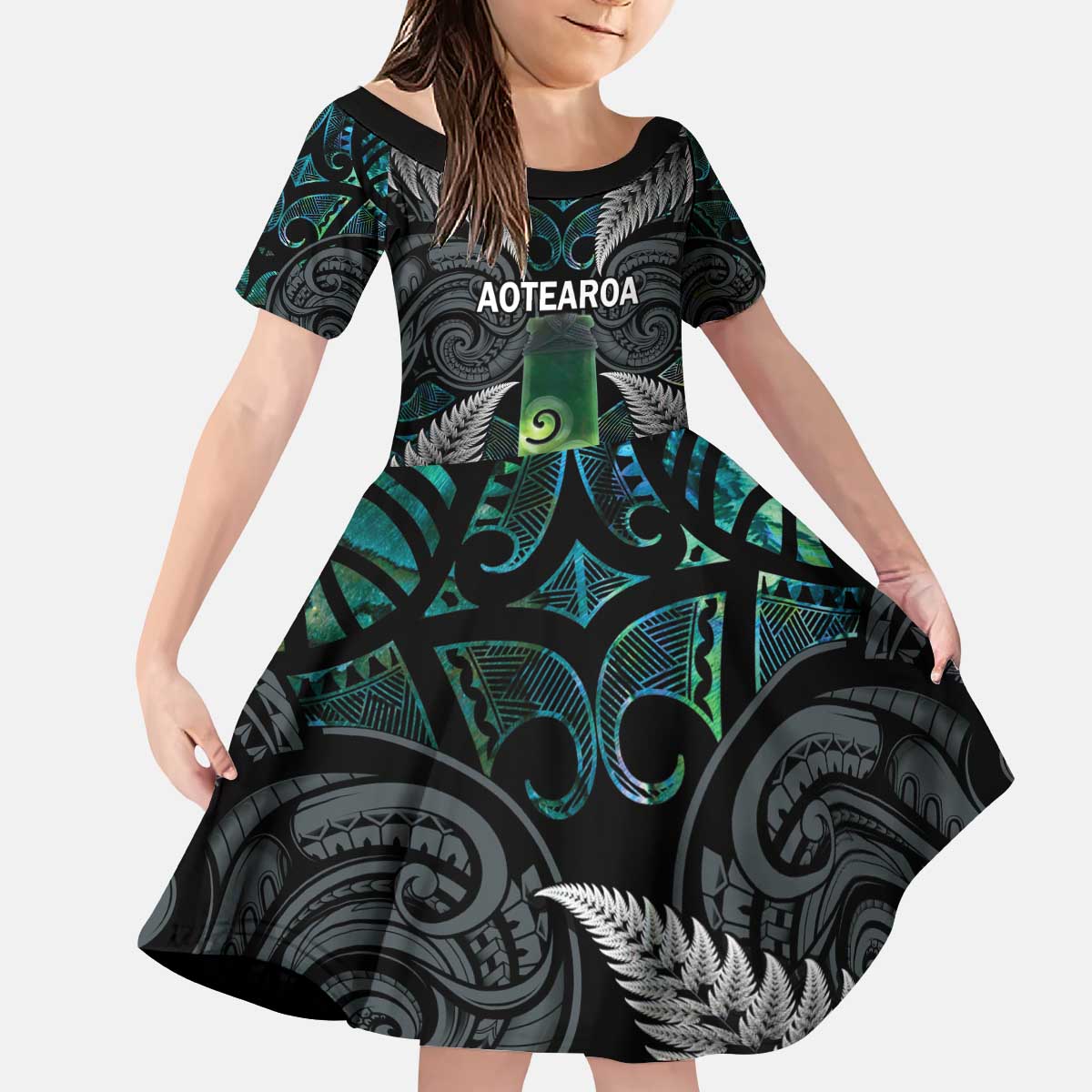 Personalised New Zealand Toki Kid Short Sleeve Dress Silver Fern Mix Aotearoa Maori Pattern LT14 KID Black - Polynesian Pride