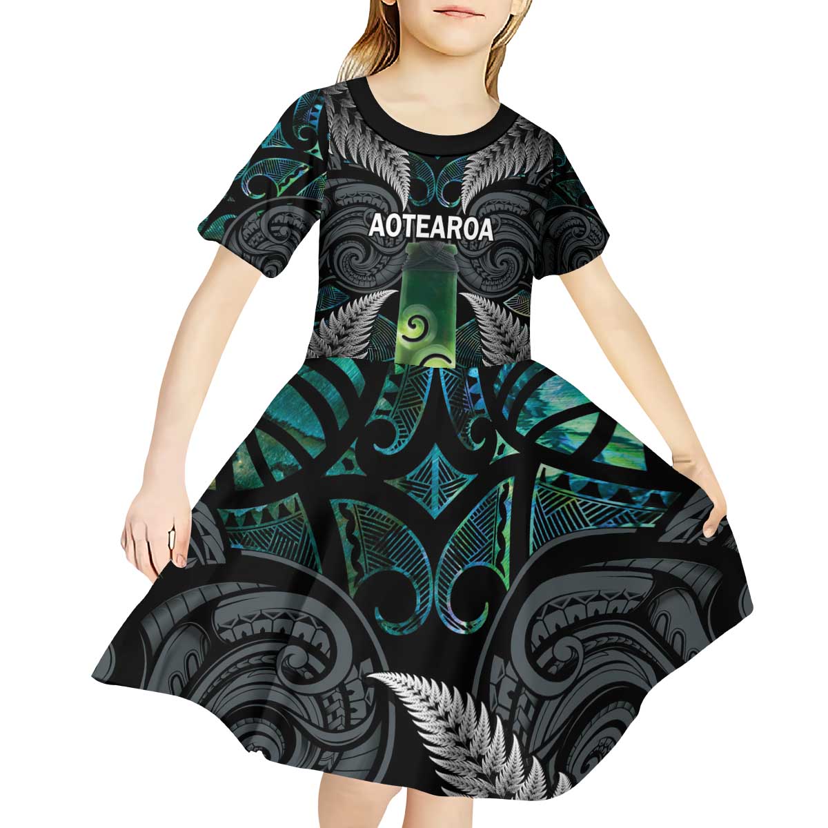Personalised New Zealand Toki Kid Short Sleeve Dress Silver Fern Mix Aotearoa Maori Pattern LT14 - Polynesian Pride