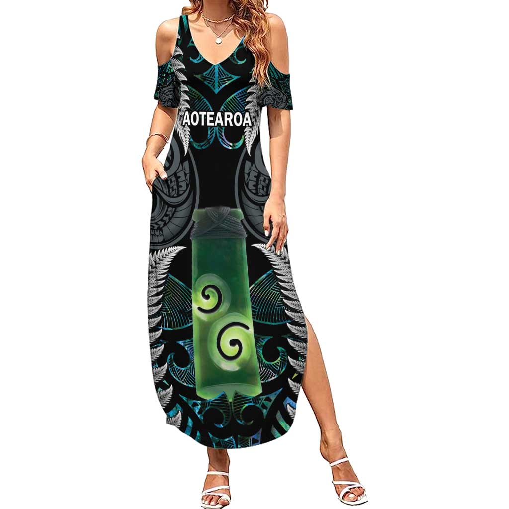 Personalised New Zealand Toki Summer Maxi Dress Silver Fern Mix Aotearoa Maori Pattern