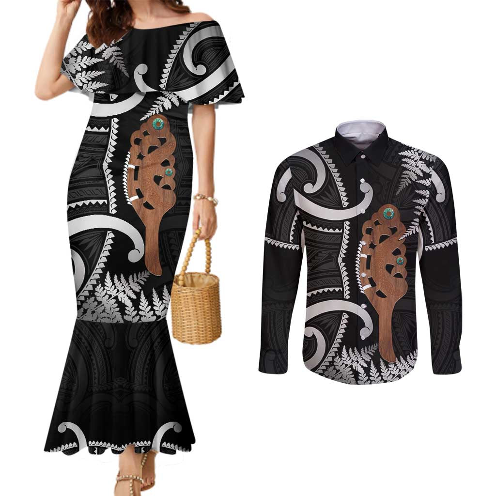 New Zealand Maripi Couples Matching Mermaid Dress and Long Sleeve Button Shirt Silver Fern Mix Aotearoa Maori Pattern