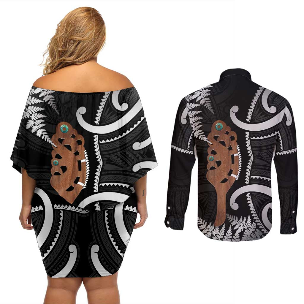 New Zealand Maripi Couples Matching Off Shoulder Short Dress and Long Sleeve Button Shirt Silver Fern Mix Aotearoa Maori Pattern