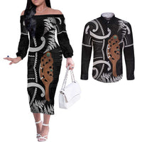 New Zealand Maripi Couples Matching Off The Shoulder Long Sleeve Dress and Long Sleeve Button Shirt Silver Fern Mix Aotearoa Maori Pattern
