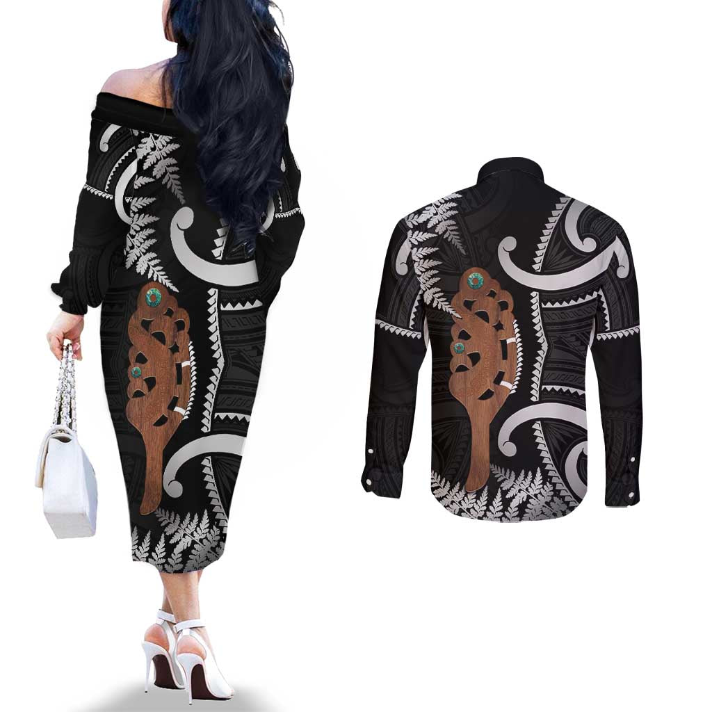 New Zealand Maripi Couples Matching Off The Shoulder Long Sleeve Dress and Long Sleeve Button Shirt Silver Fern Mix Aotearoa Maori Pattern