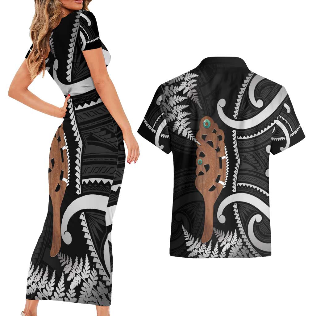 New Zealand Maripi Couples Matching Short Sleeve Bodycon Dress and Hawaiian Shirt Silver Fern Mix Aotearoa Maori Pattern