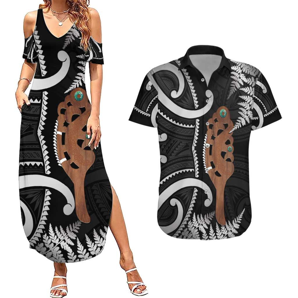New Zealand Maripi Couples Matching Summer Maxi Dress and Hawaiian Shirt Silver Fern Mix Aotearoa Maori Pattern