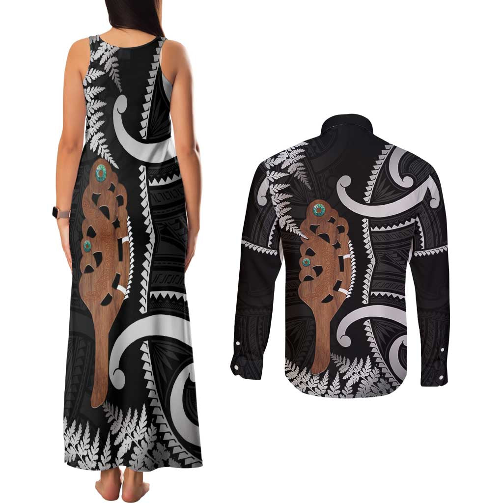 New Zealand Maripi Couples Matching Tank Maxi Dress and Long Sleeve Button Shirt Silver Fern Mix Aotearoa Maori Pattern